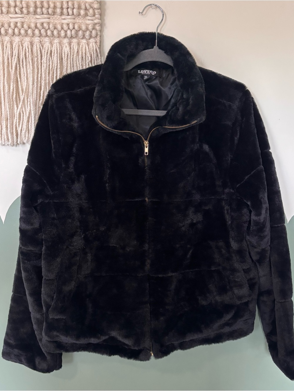 Love 83 Black Plush Faux Fur Teddy Jacket with Gold Zip